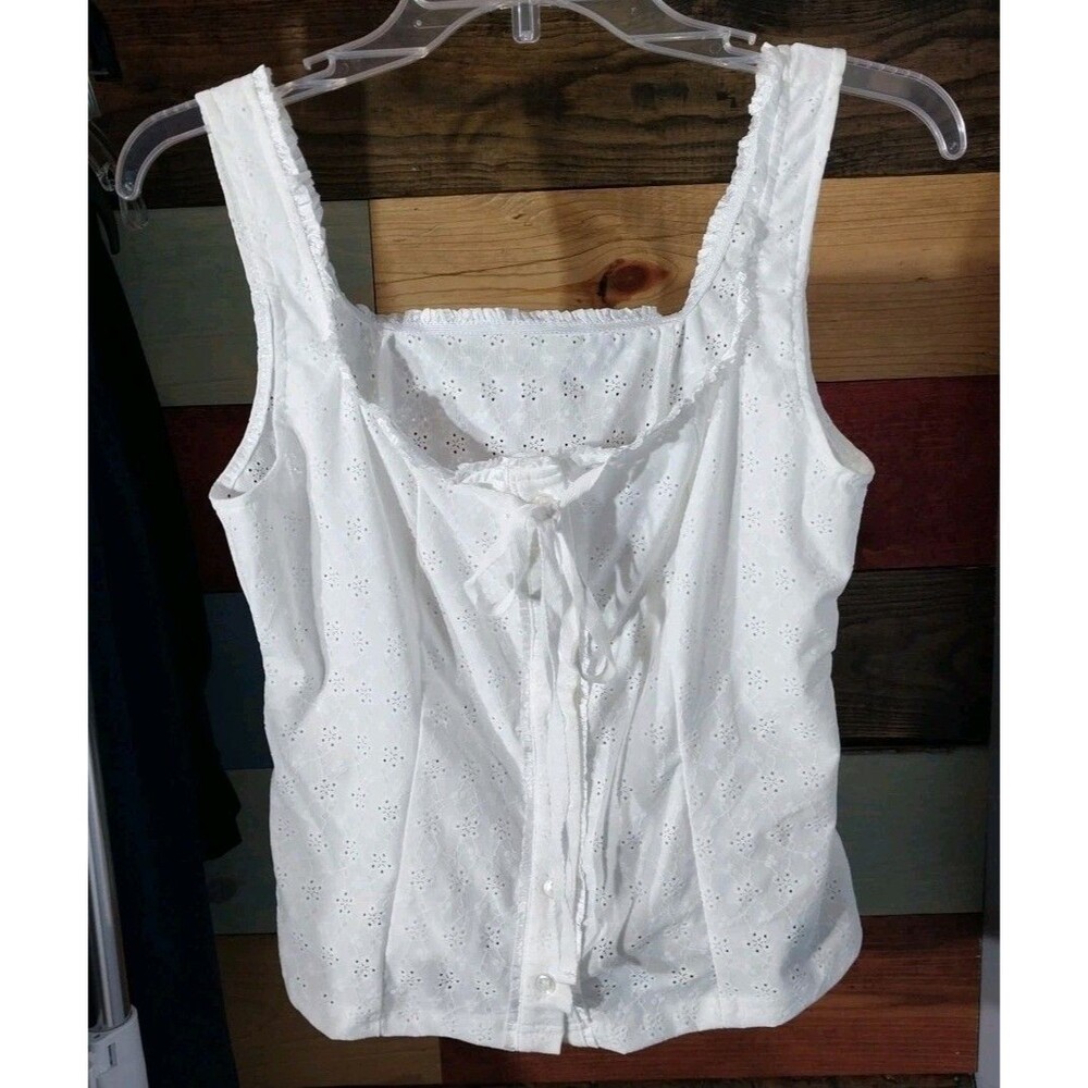 Soly Hux Eyelet Sleeveless Top Small Ivory Sheer Button Front Tie Ruffle NWT